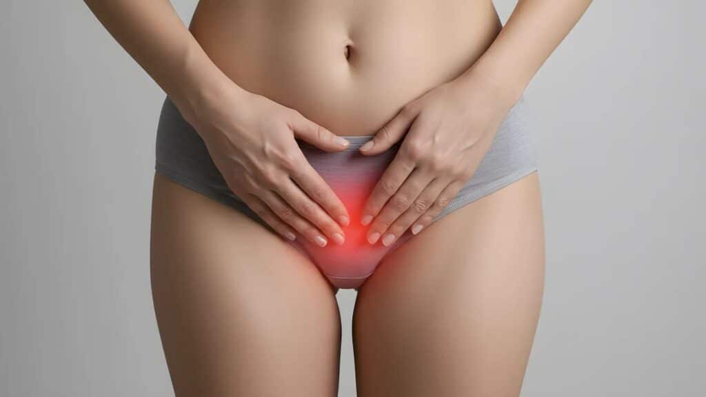 Woman holding lower abdomen in discomfort